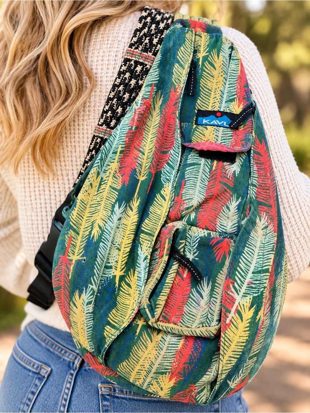 KAVU Canvas Rope Bag Sling Backpack - Colorful Feather Print Crossbody see note